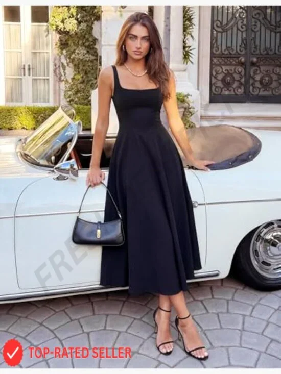 Sleeveless Midi Dress Square Neck Flowy Casual Wedding Guest Beach Elegant - Picture 2 of 7